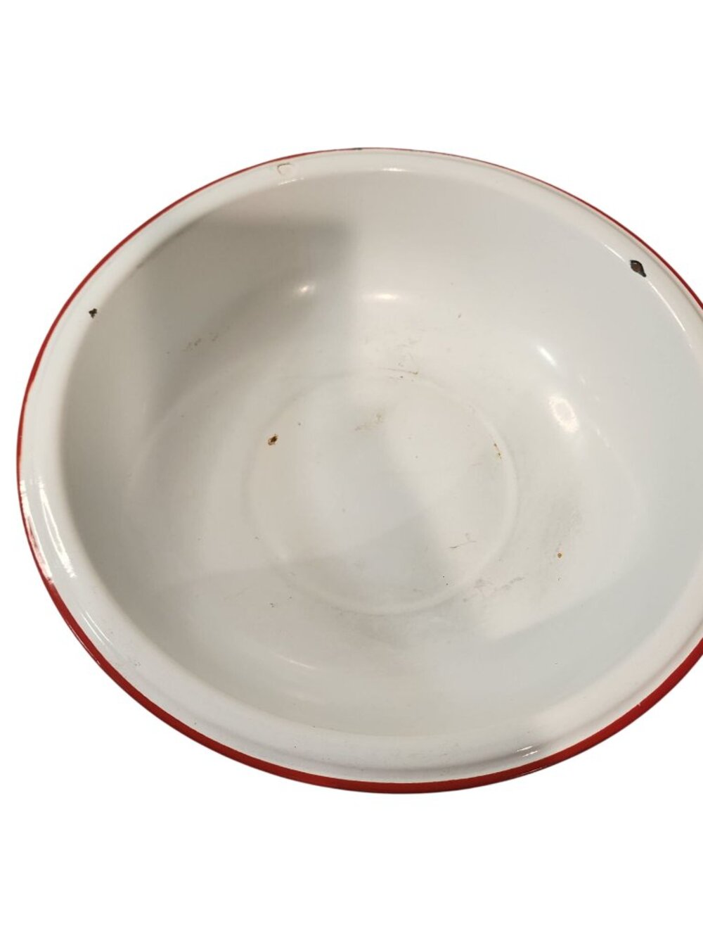 Vintage Enamel Ware bowl white red trim chipped